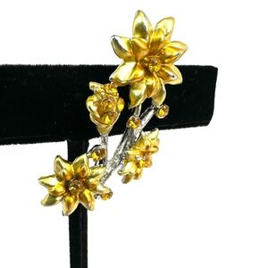 Vintage MCM Amber Rhinestone Golden Flower Spray Brooch Women OS Gold Silver